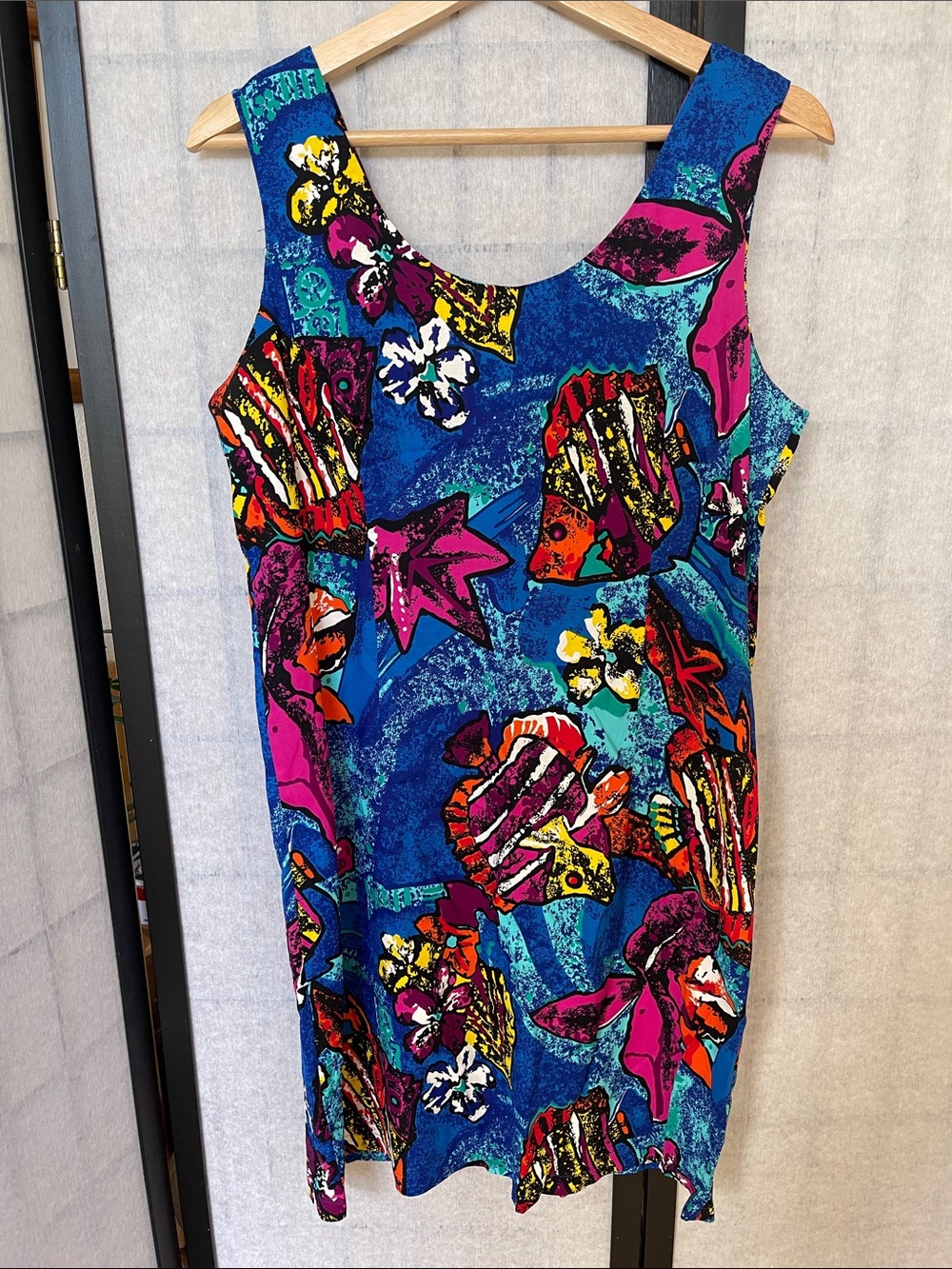 Hilo Hattie Blue Mini Dress with Bright Multicolor Tropical Print